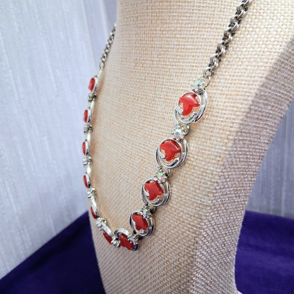 Vintage Charel Cherry Moonglow Necklace Thermoset Hook Closure Silvertone